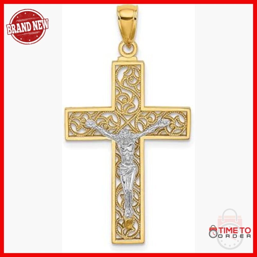14k Yellow Gold Crucifix Pendant Necklace with Jesus Figure Filigree Detail